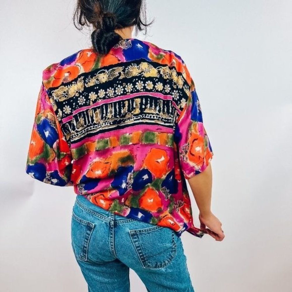 Vintage Funky Mix Print Colorful Top with Funky Buttons - Picture 4 of 8